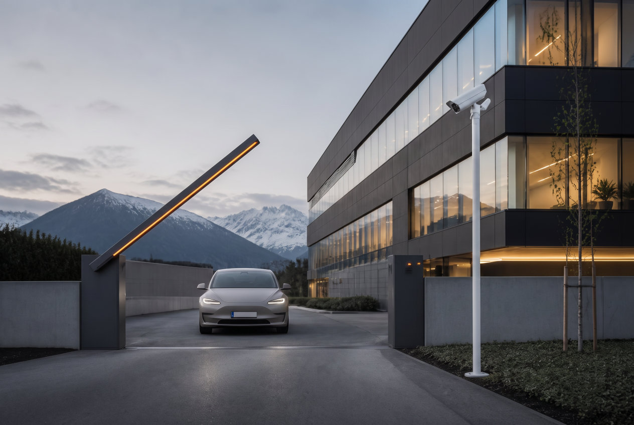 Moderne Firmenzufahrt mit automatischer Schranke und Kennzeichenerkennungskamera in Österreich